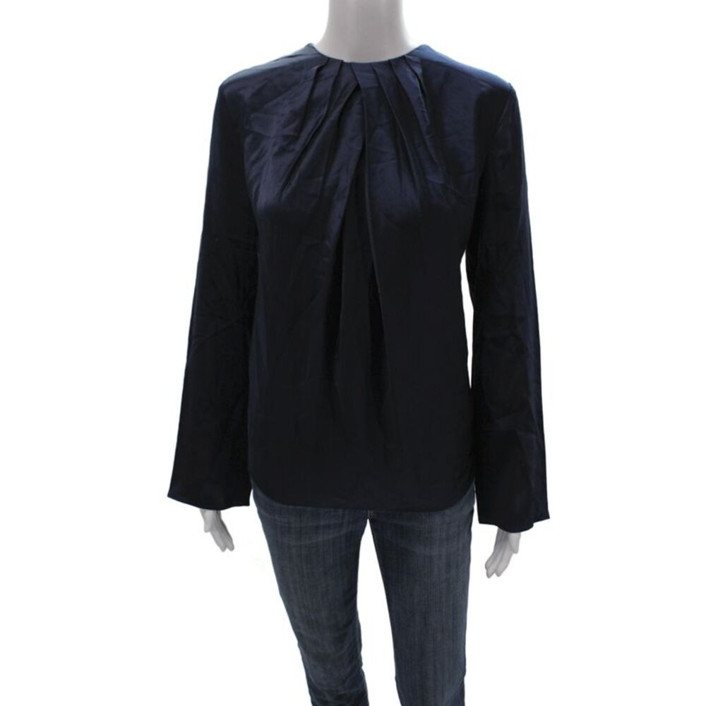 Lily Silk Women Blue Mulberry Silk Round Neck Long Sleeve Blouse Size S